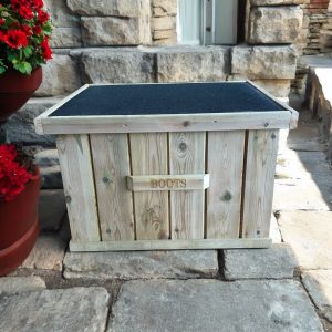 Doorstep Boot Box. Large Fully Assembled Wooden Outdoor Treated Garden Storage Box. Waterproof doorstep shoe welly footwear box.